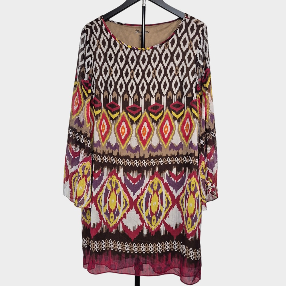 Wrangler Womens Ikat Geometric Print Chiffon Shift Dress Long Sleeve Brown Red L